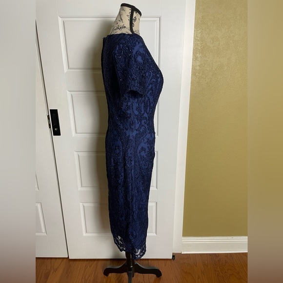 La Femme Beaded Lace Cocktail Navy Midi Dress - Picture 7 of 12